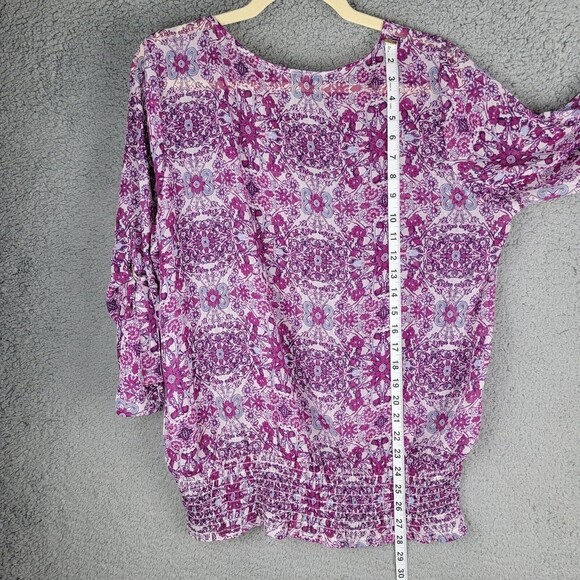 Fever Womens Blouse Top  Large Elastic Smocked Waist Tab Sleeves Sheer Floral - Picture 7 of 16